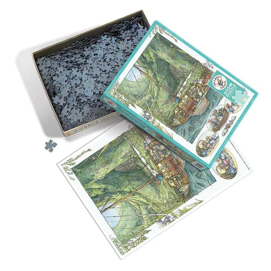 Puzzle box with illustration of a ship and people on a white background