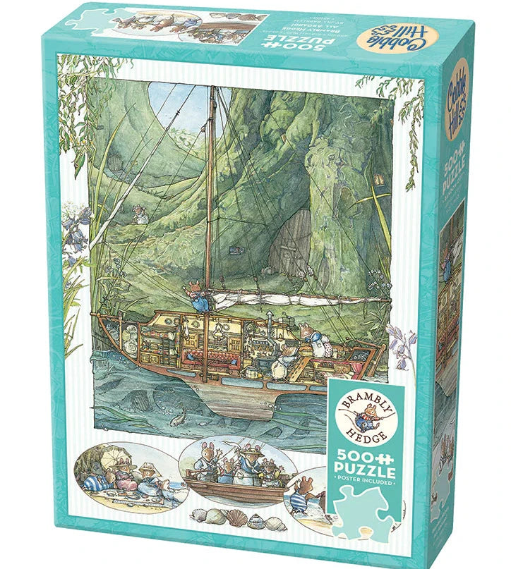Puzzle box with illustration of a ship and people on a white background