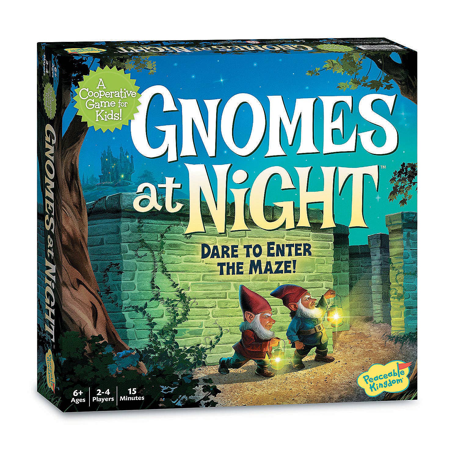 Gnomes at Night board game box featuring a dark illustrated scene with two garden gnomes, a stone wall, and large white title text on a teal background.