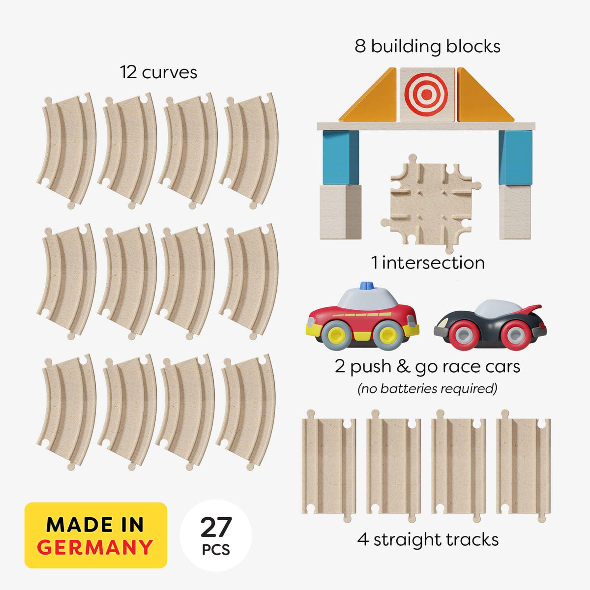 Toy train set components including curves, building blocks, intersection, push & go race cars, and straight tracks on a white background.