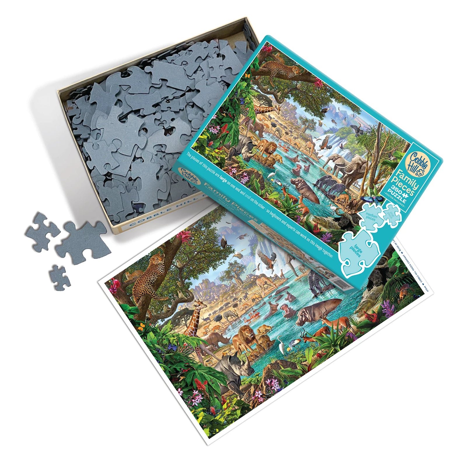 Jungle scene puzzle box with animals and water features, featuring Cobble Hill branding.
