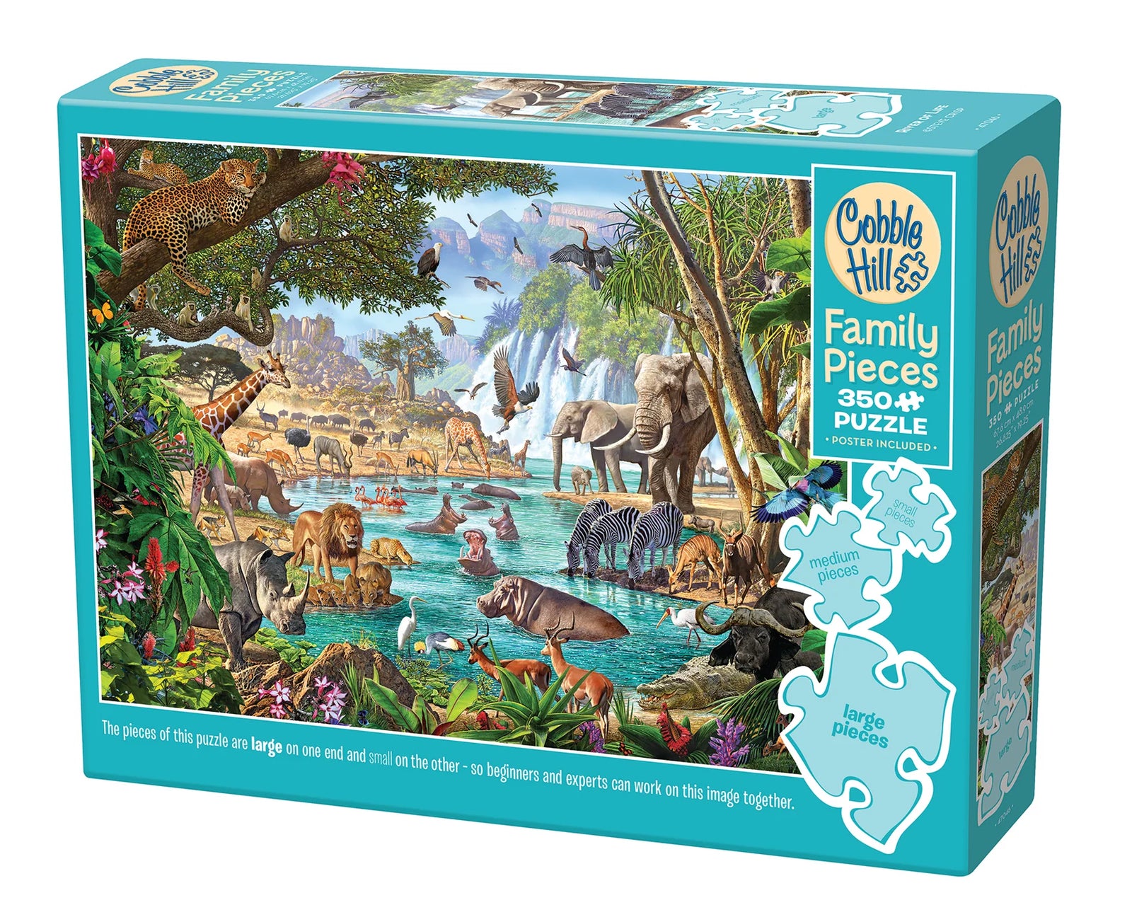 Jungle scene puzzle box with animals and water features, featuring Cobble Hill branding.