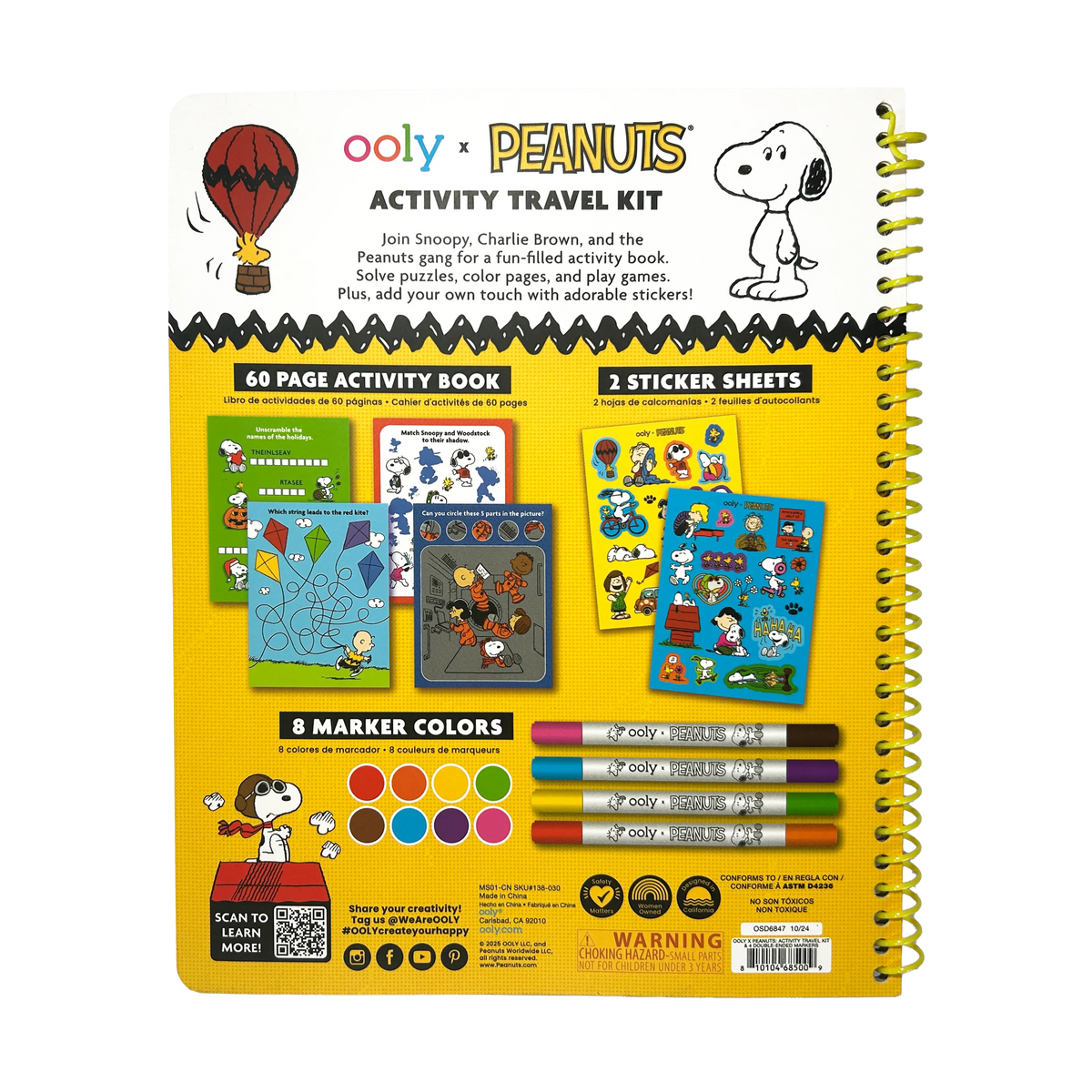 Ooly x Peanuts Activity Travel Kit packaging with Snoopy and Peanuts characters on a white background