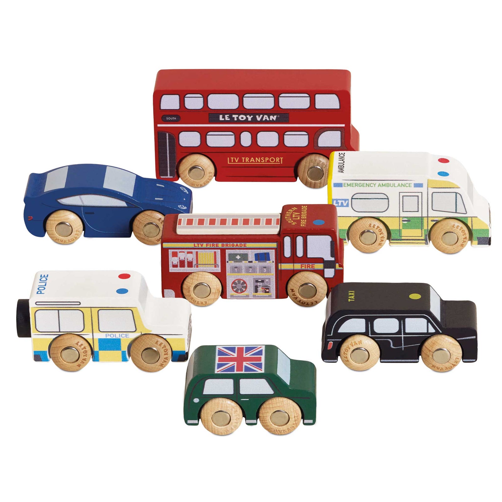 Set of colorful wooden toy vehicles including a bus, cars, and an ambulance on a white background.