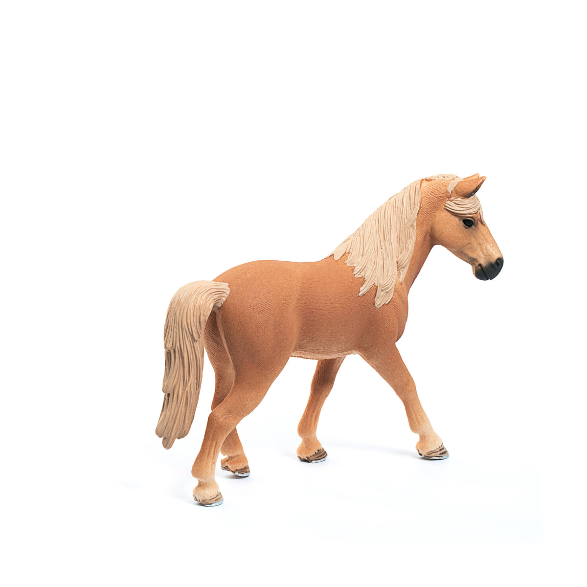 A toy model of a light brown horse with a cream-colored mane and tail, shown in profile against a plain white background.