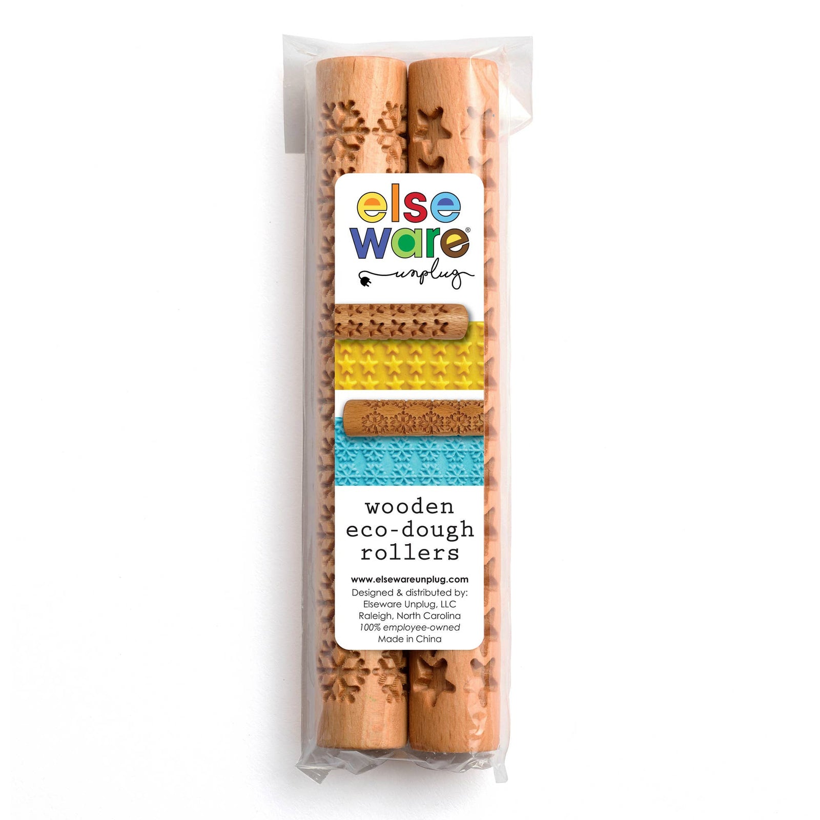Packaged wooden eco-dough rollers with Else Ware Unplug branding on a white background
