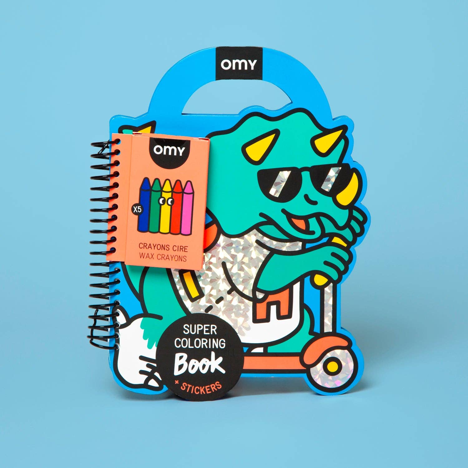 Colorful children's coloring book and crayon set with cartoon character packaging on a blue background