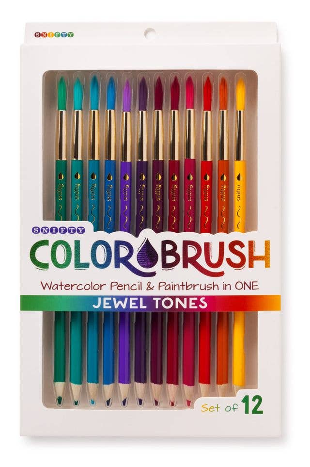 Set of 12 colorbrush watercolor pencils and paintbrushes in jewel tones packaging.