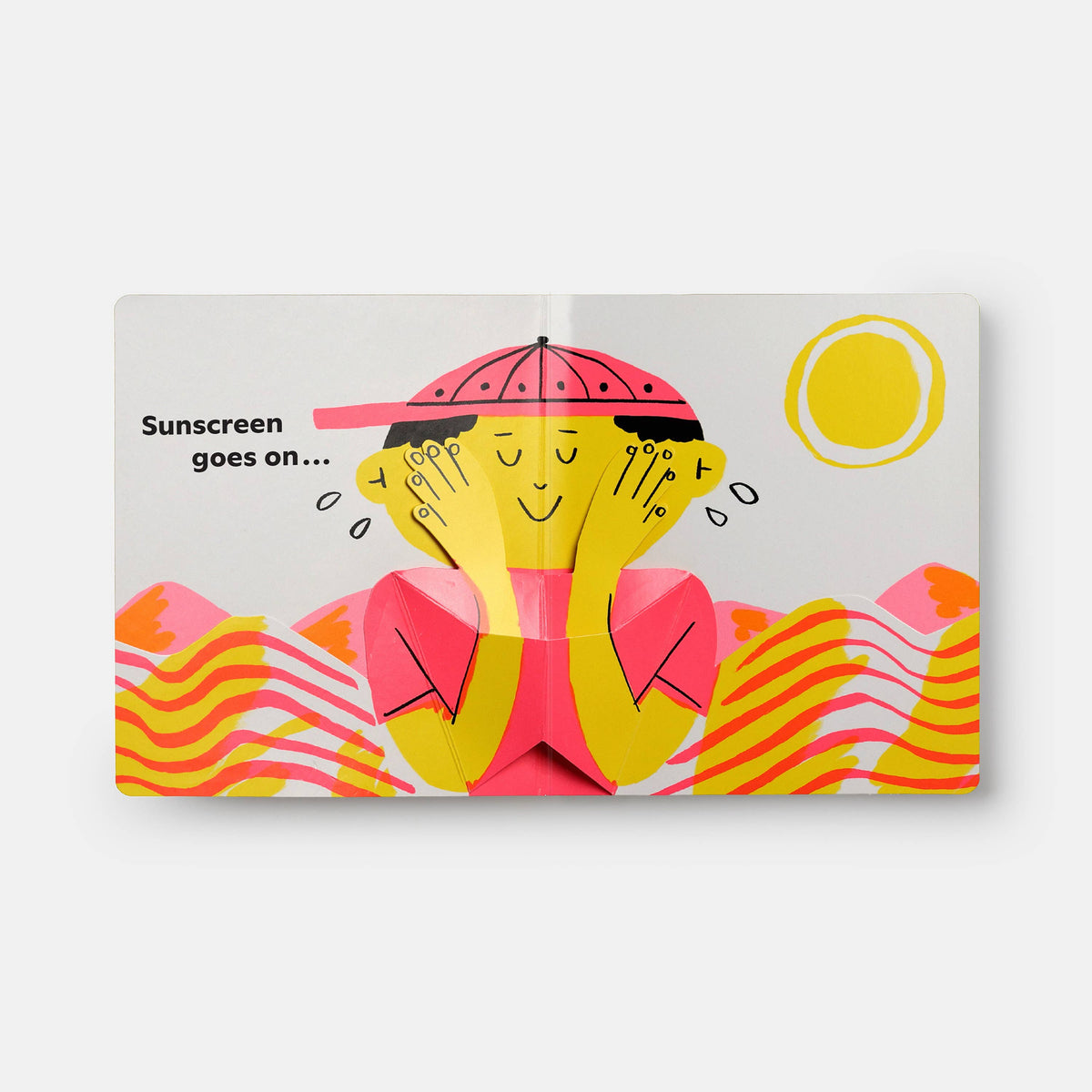 Illustration of a person applying sunscreen with a sun and text on a white background