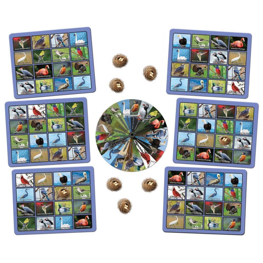 Bird identification game with cards and circular spinner on a white background