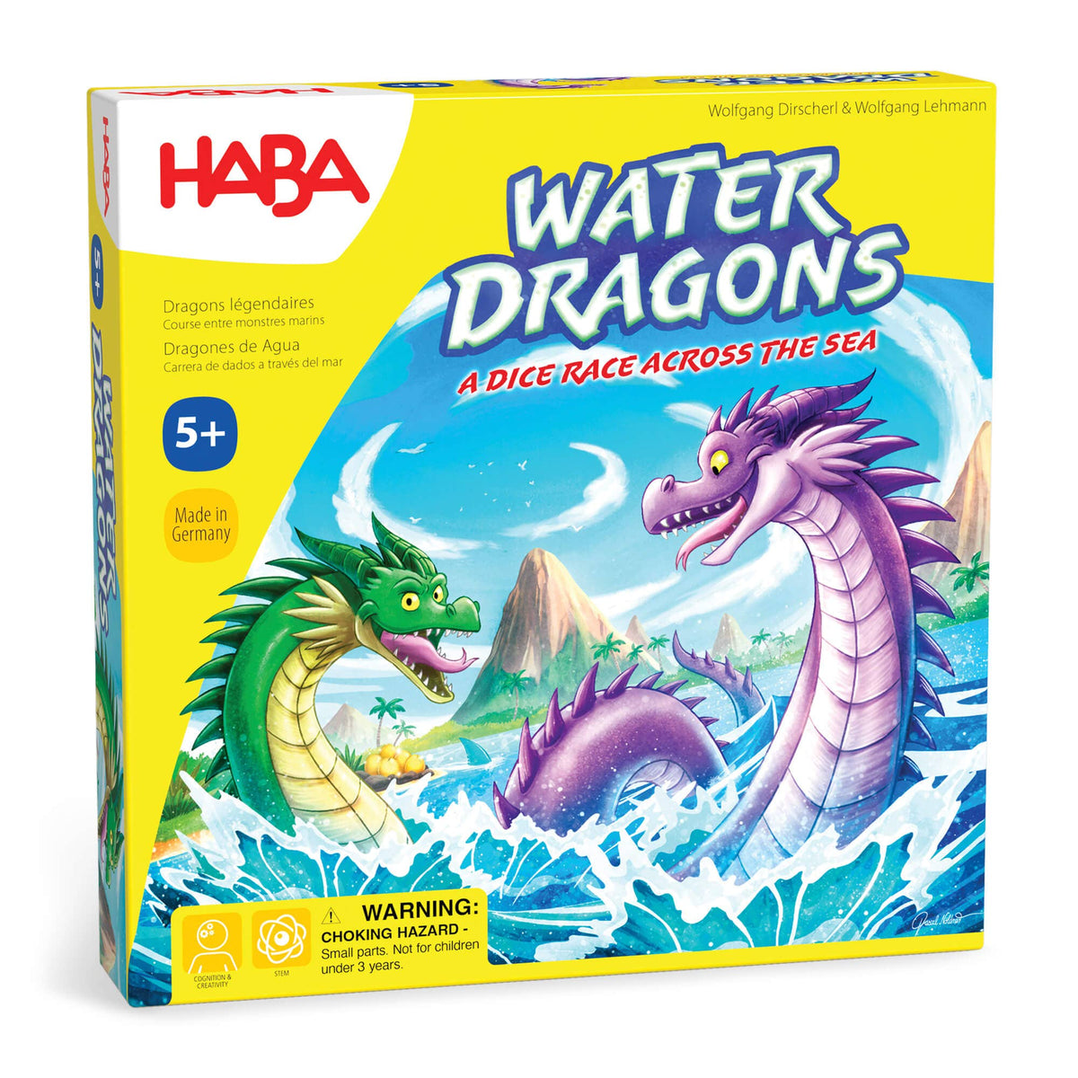 Board game box for 'Water Dragons' by HABA with two dragons on a yellow background