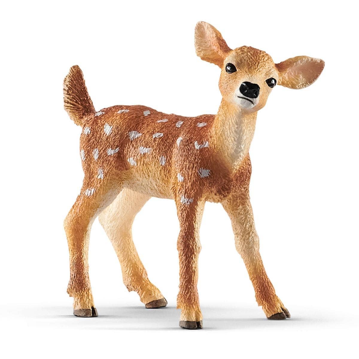 Deer figurine with brown and white fur on a white background