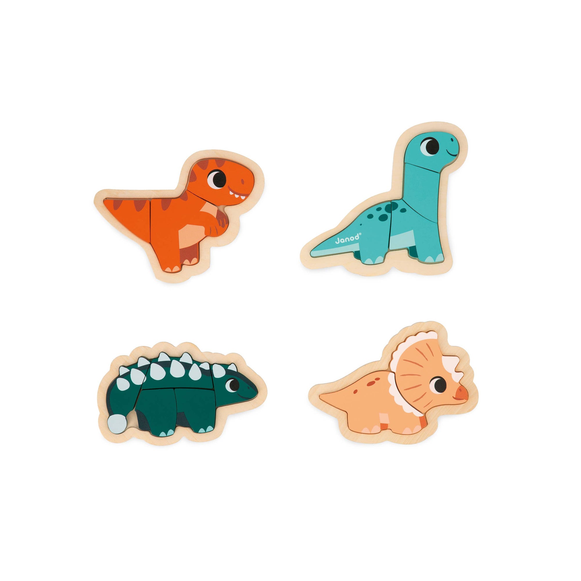 Four colorful dinosaur-shaped wooden toys on a white background