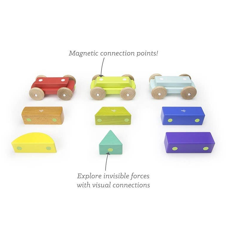 Colorful toy blocks with magnetic connection points on a white background