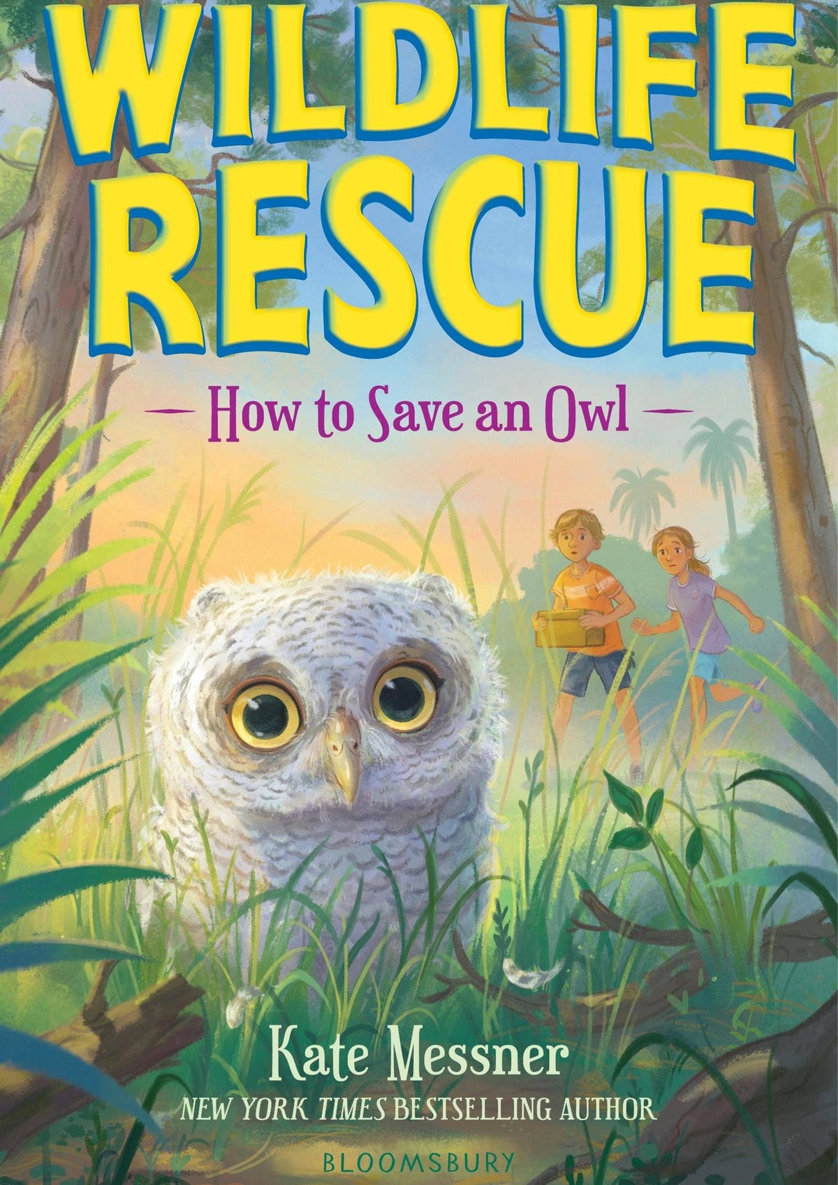 Book cover of 'Wildlife Rescue: How to Save an Owl' with an owl and two children in a forest.