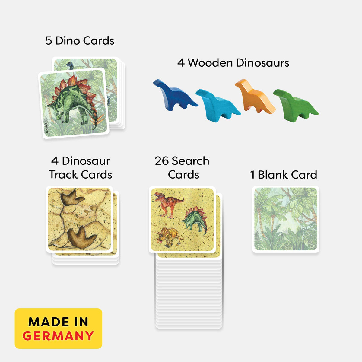 Educational dinosaur cards and wooden dinosaurs with item counts on a white background.