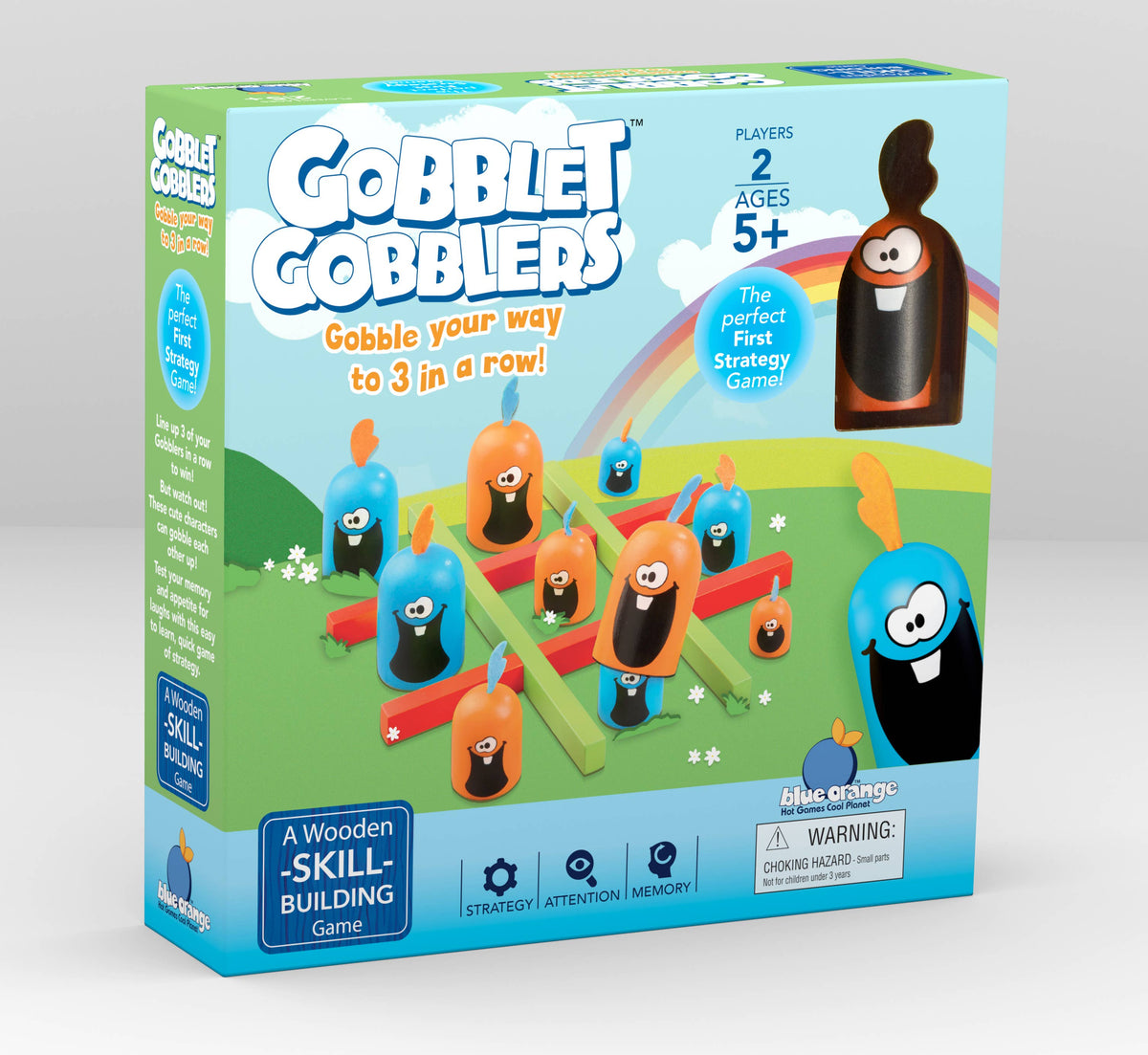 Gobblet Gobblers game box featuring a colorful illustration of the game on a green hill with blue and orange gobblets, set against a clean white background.