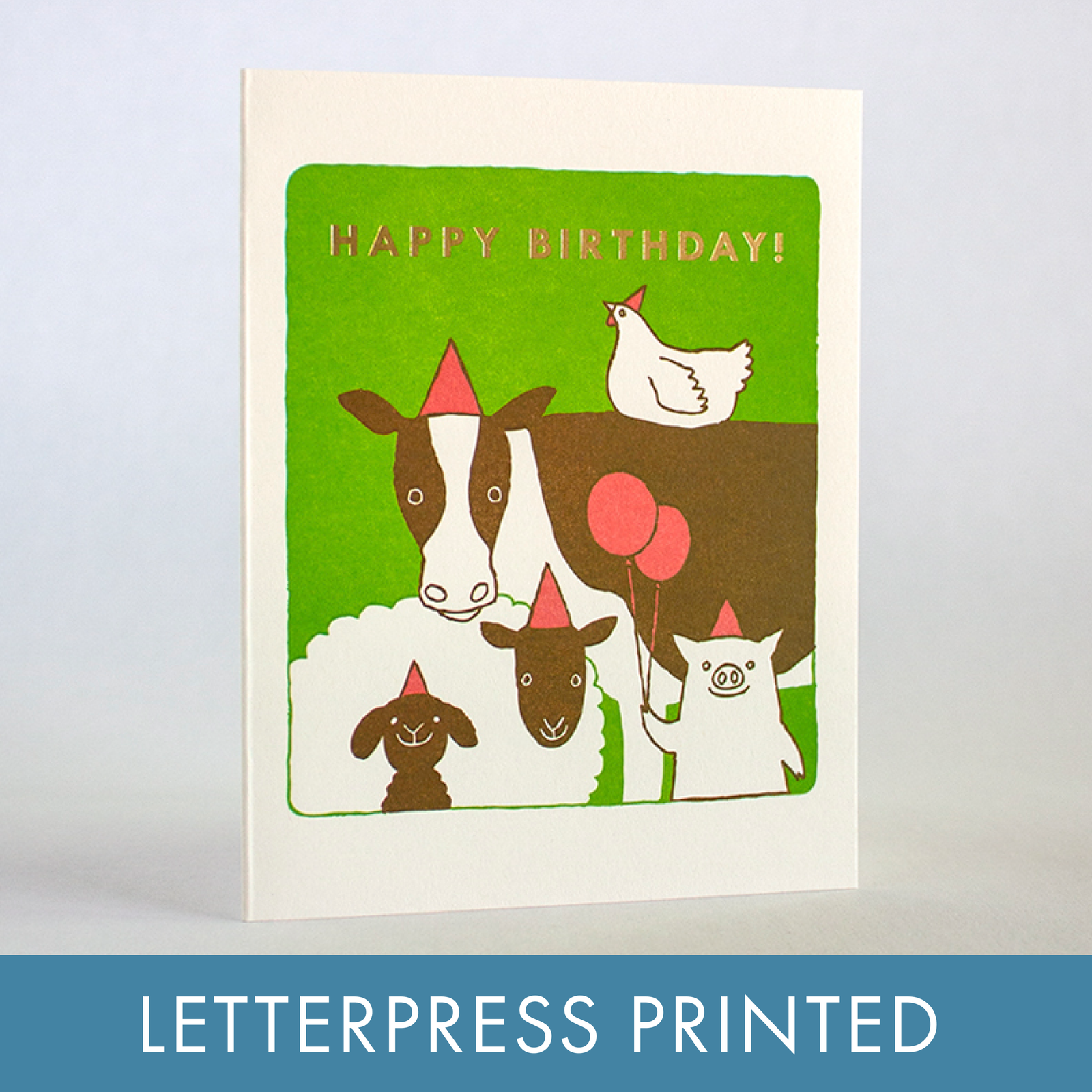 Birthday card with farm animal illustrations and 'Happy Birthday!' text on a green background.