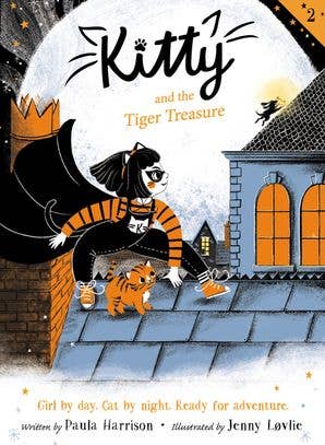 Book cover of 'Kitty and the Tiger Treasure' with a cat and tiger on a roof.
