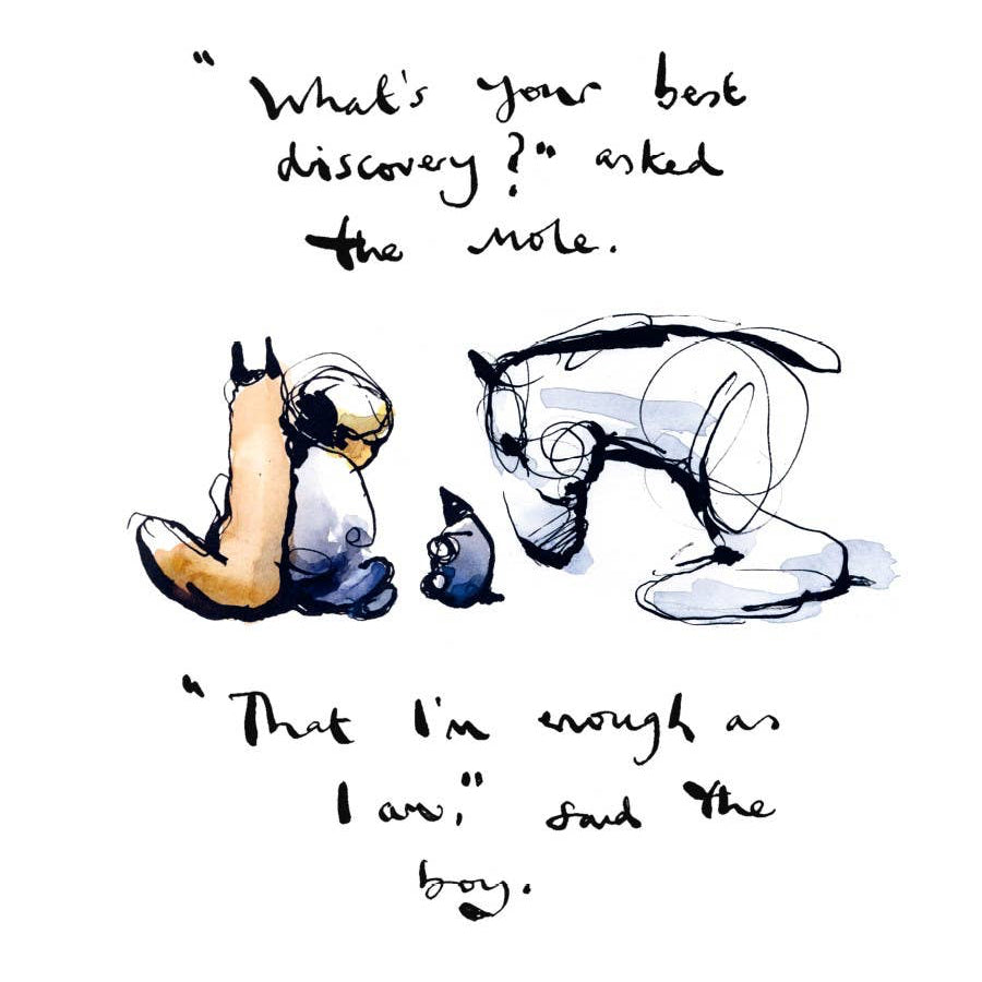 Illustration of a mole and a boy with text on a white background