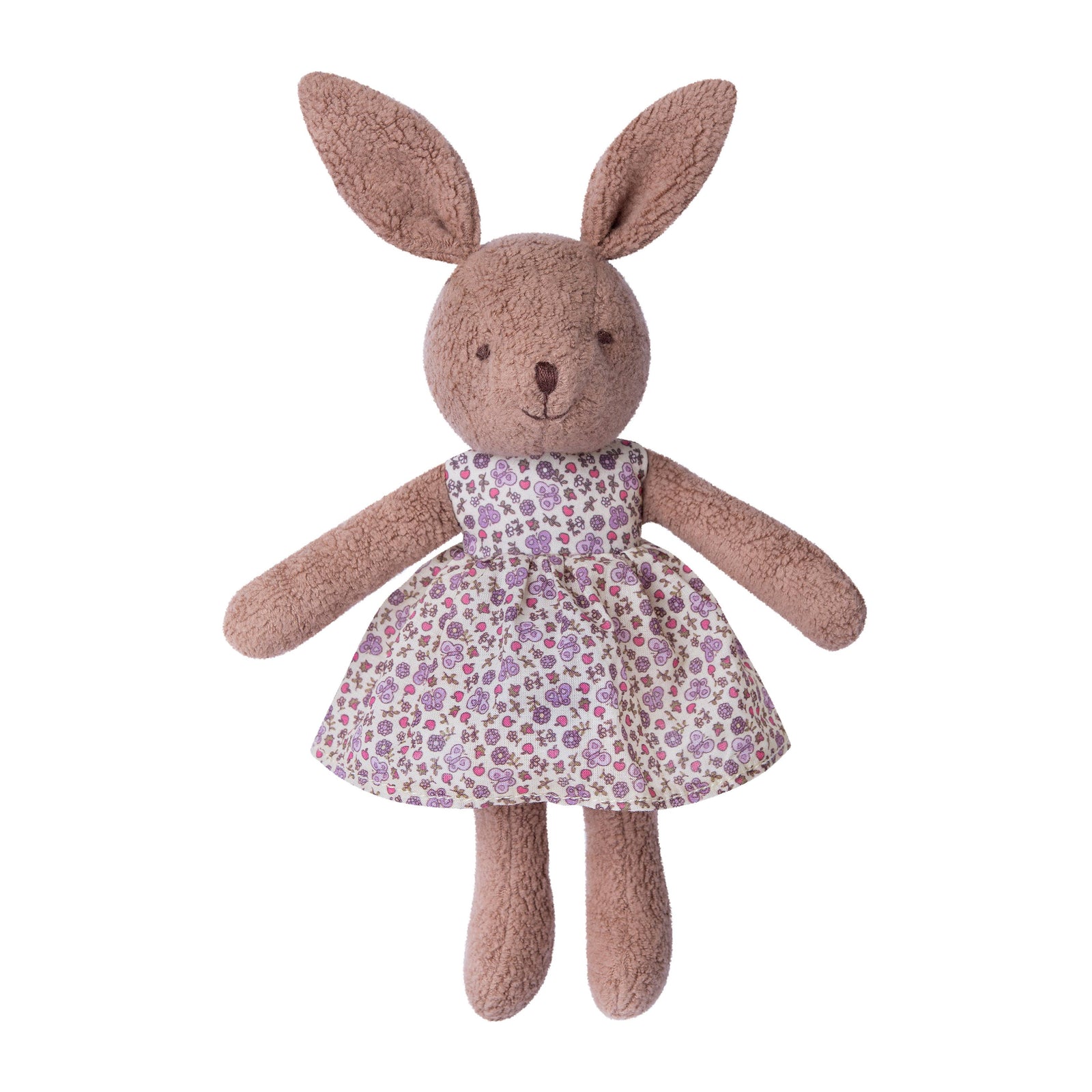 Stuffed rabbit toy with a floral dress on a white background