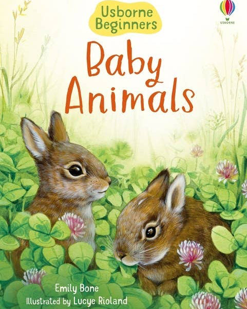 Book cover of 'Baby Animals' by Usborne with two rabbits in a garden setting.