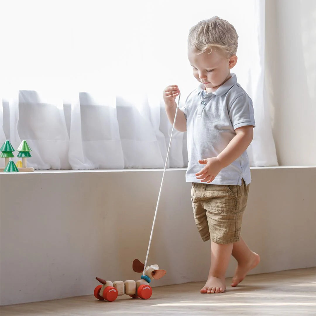 Child playing with a wooden toy in a bright room