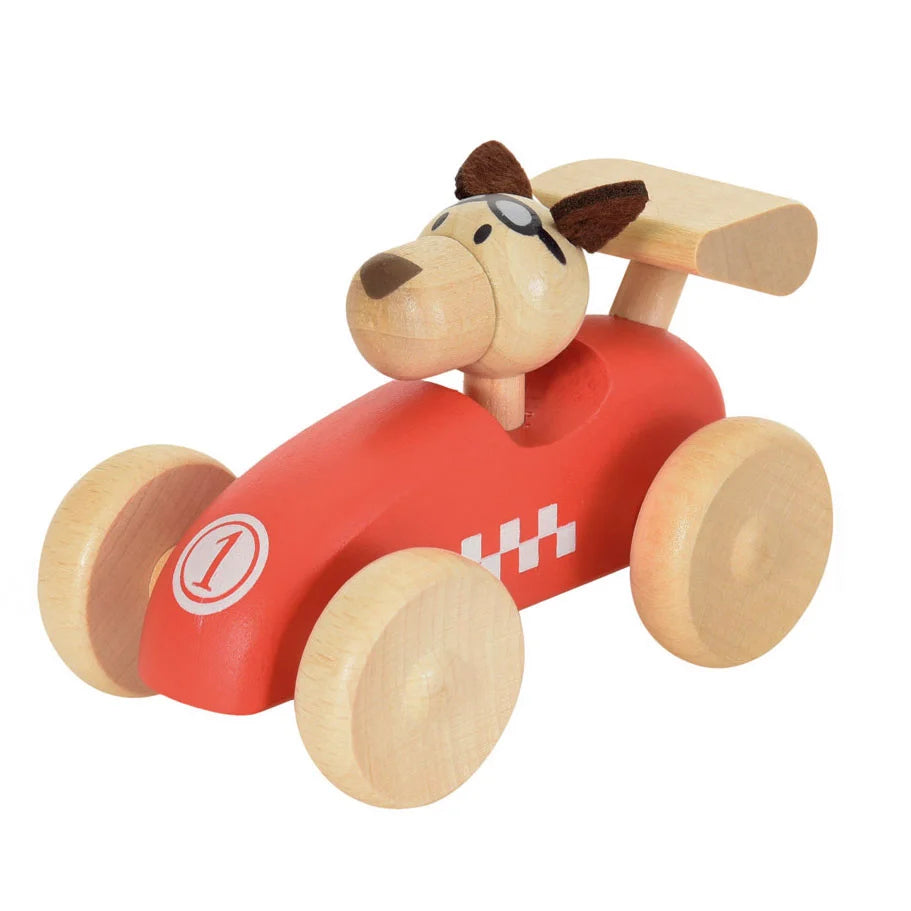 Wooden toy car with a dog-shaped steering wheel on a white background