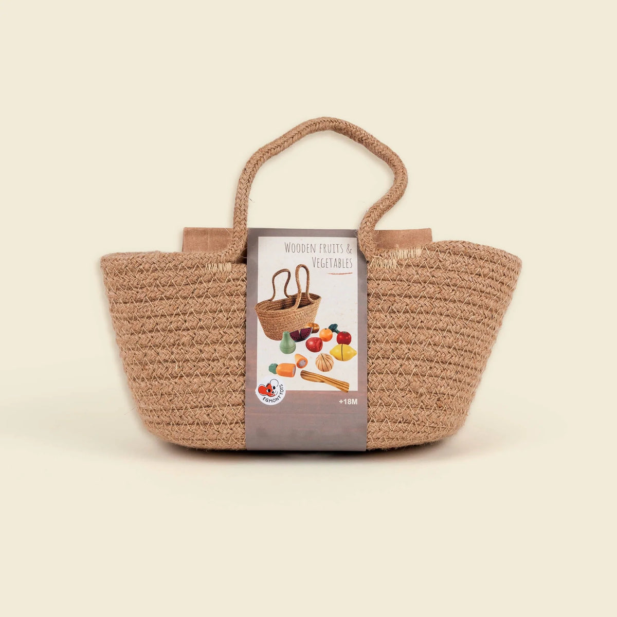 Woven basket with a label on a beige background