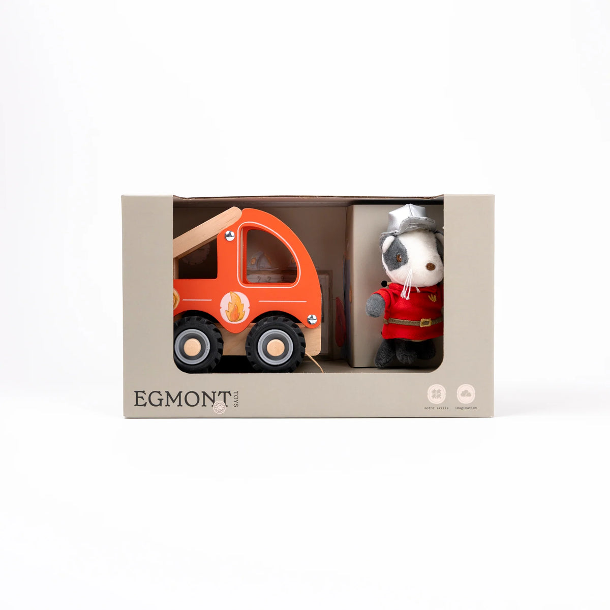 Egmont wooden toy set in its original packaging, featuring an orange wooden dump truck and a plush postman character.