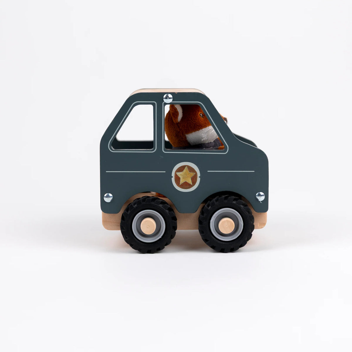 A wooden toy car with a dark teal-green body, natural wood trim, black wheels, and a gold star emblem on the side, shown on a clean white background.