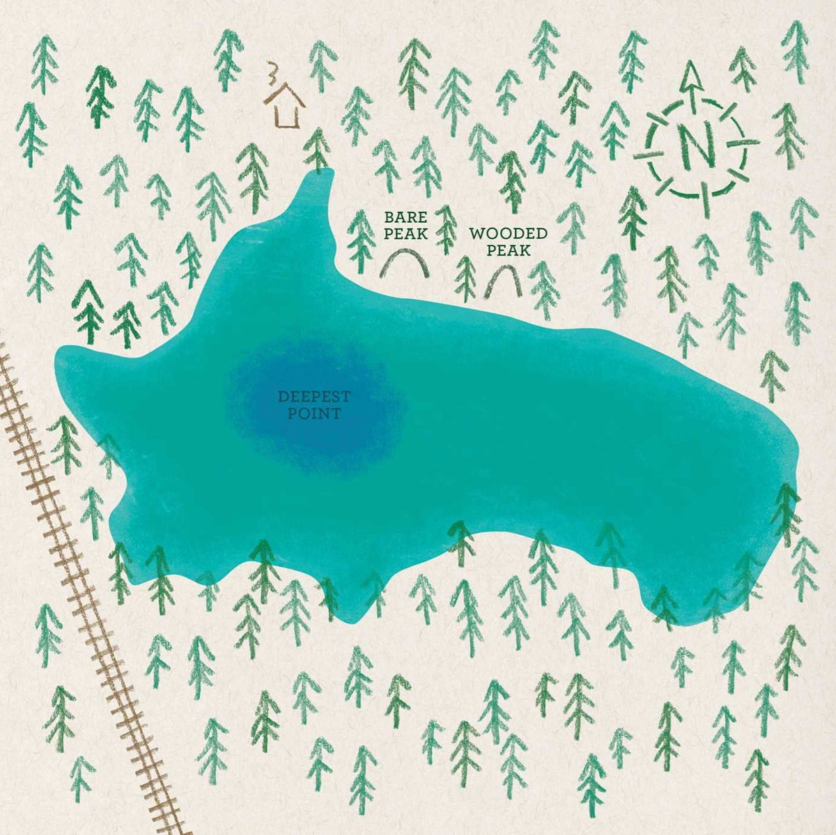 Map of Walden Pond with trees and a quote about living alone in the woods.