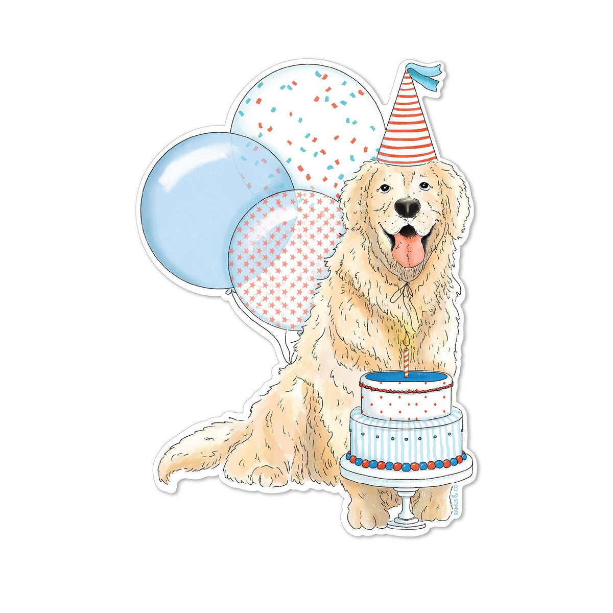 A die-cut magnet featuring a golden retriever dog wearing a red and white striped party hat next to a two-tiered birthday cake and three balloons, shown on a plain white background.