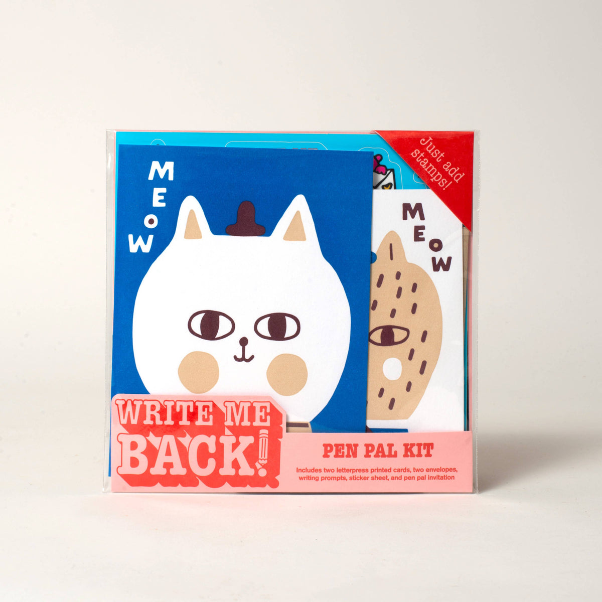 Pen pal kit packaging with a cartoon cat design on a white background