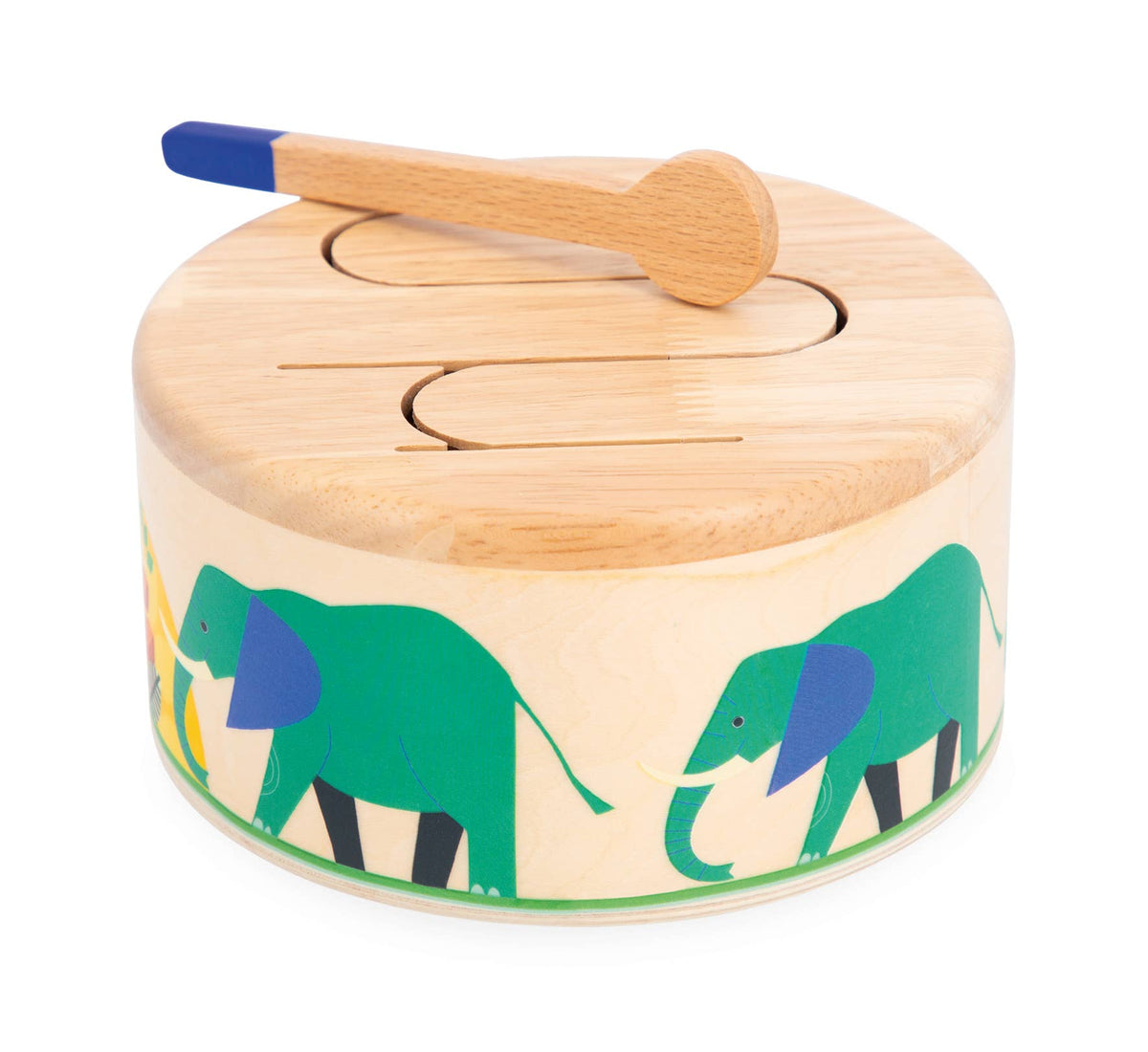 Wooden drum with green elephants and a wooden stick on a white background