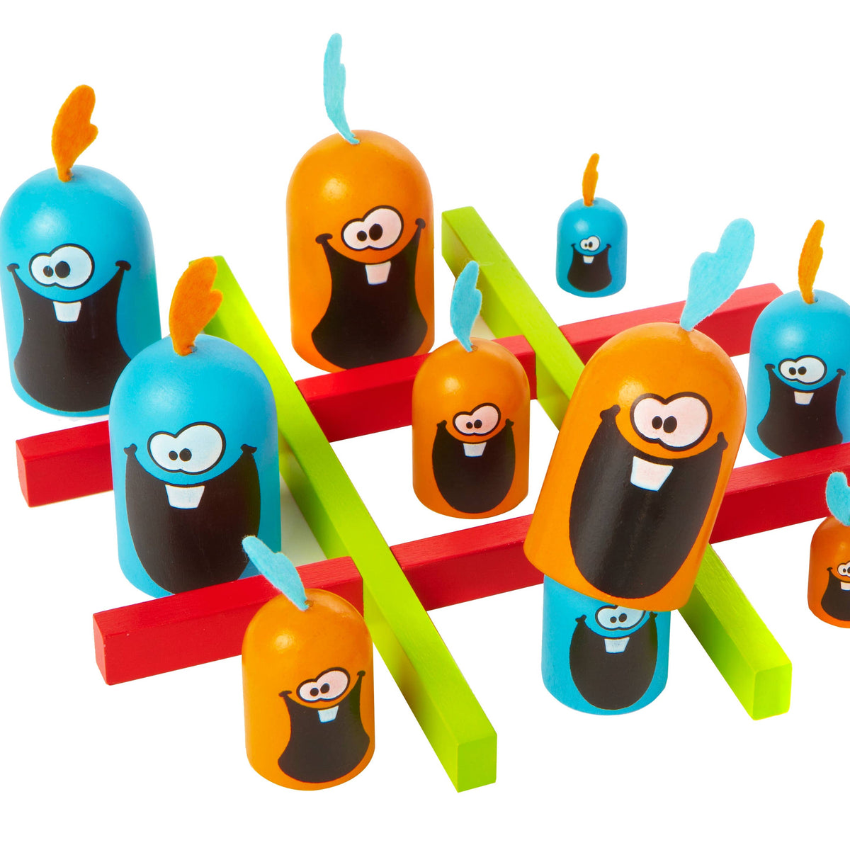 A colorful children's toy set featuring cartoonish egg-shaped pieces in blue and orange with black faces, arranged on a red and green grid against a plain white background.