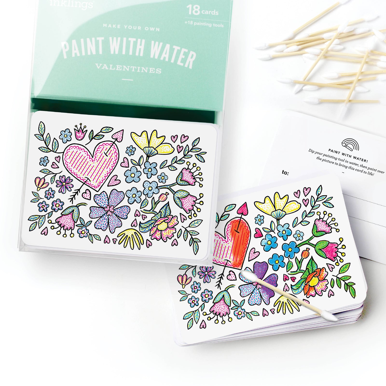 Pack of 'Paint with Water' Valentine cards with floral and heart designs on a white background.