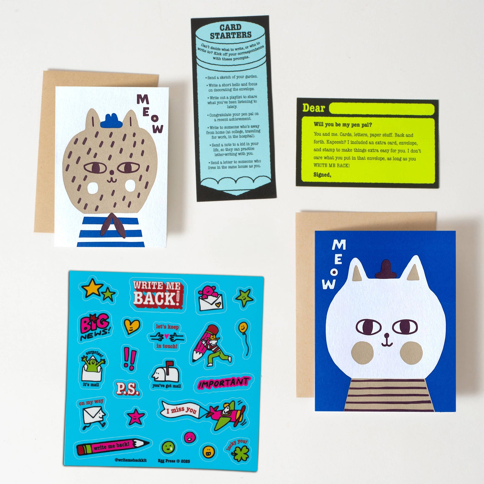 Pen pal kit packaging with a cartoon cat design on a white background