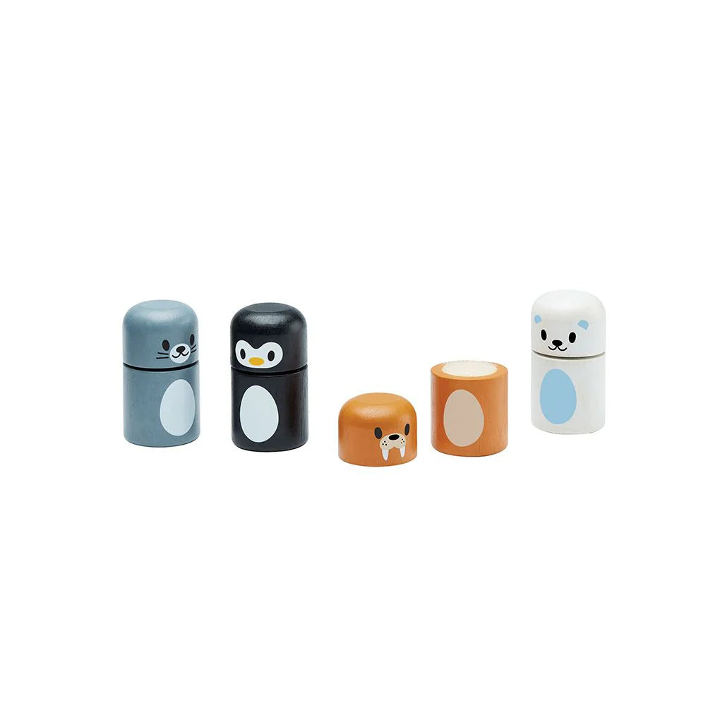 Set of five cylindrical containers with animal designs on a white background