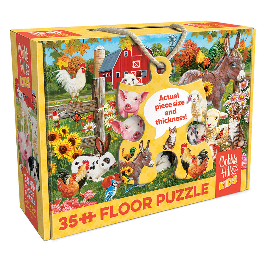 Cobble Hill's farm-themed 35-piece floor puzzle packaging with animals and a barn on a colorful box.