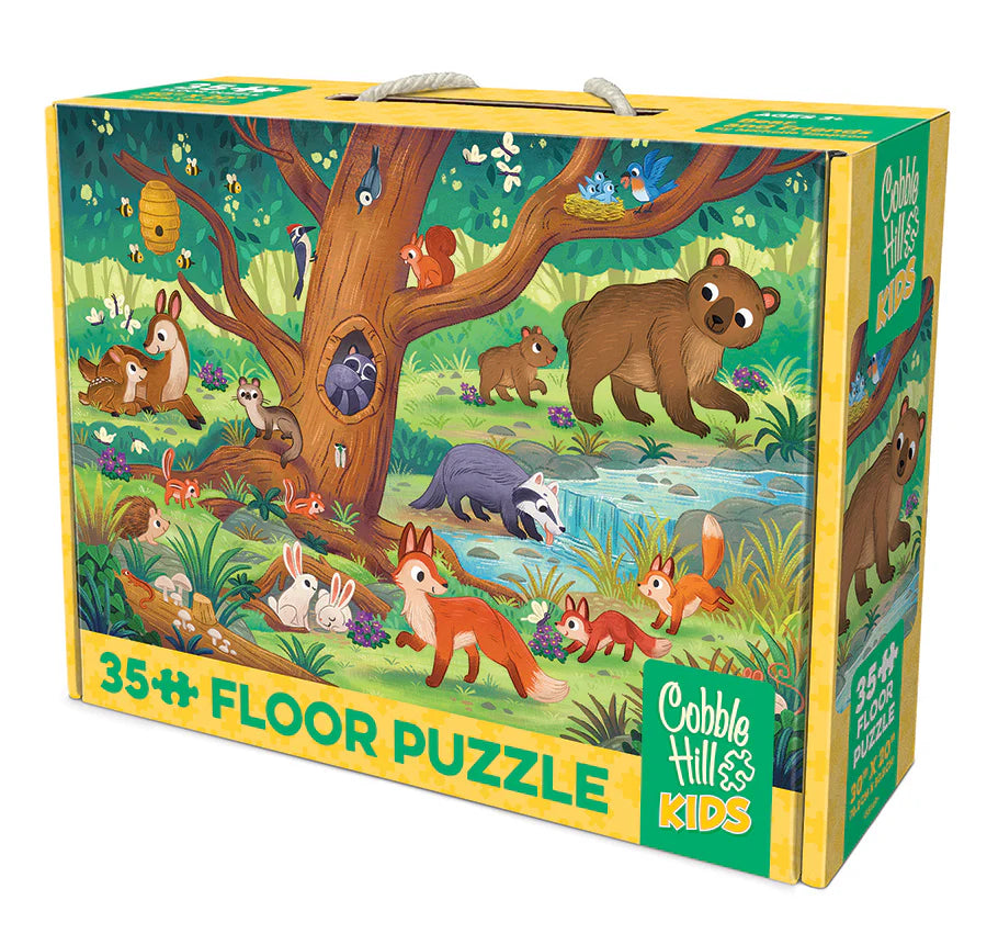 Cobble Hill Kids forest animal puzzle box with colorful illustration of animals around a tree.