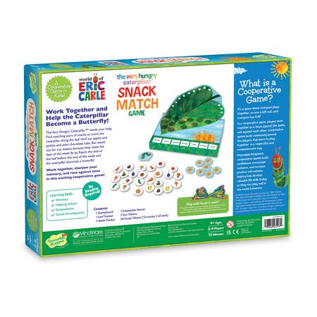 Board game box for 'The Very Hungry Caterpillar' snack match game on a white background