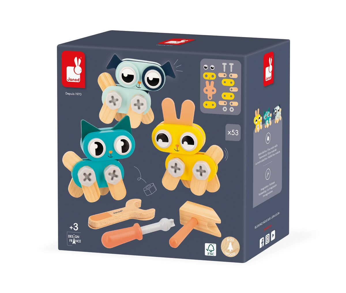 Toy packaging with colorful toy figures and tools on a white background