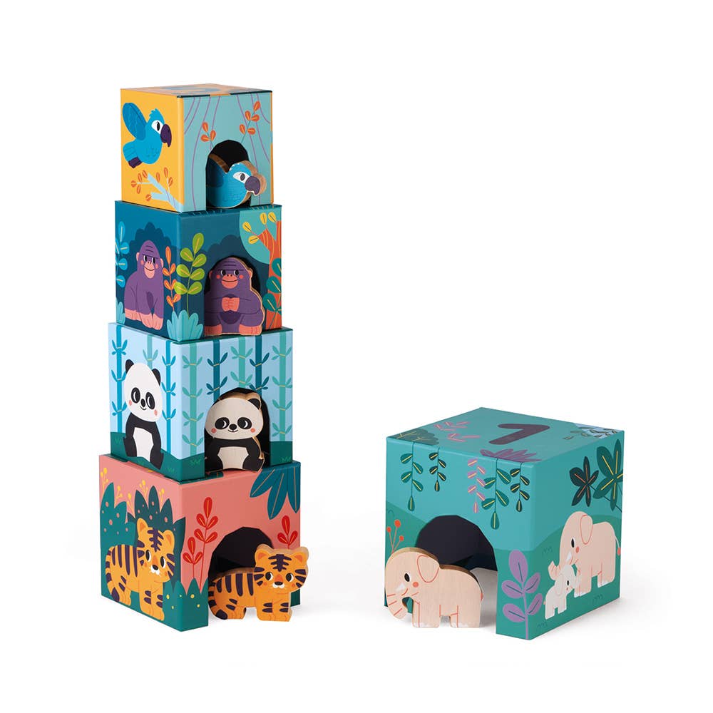 Stack of colorful children's blocks with animal illustrations on a white background