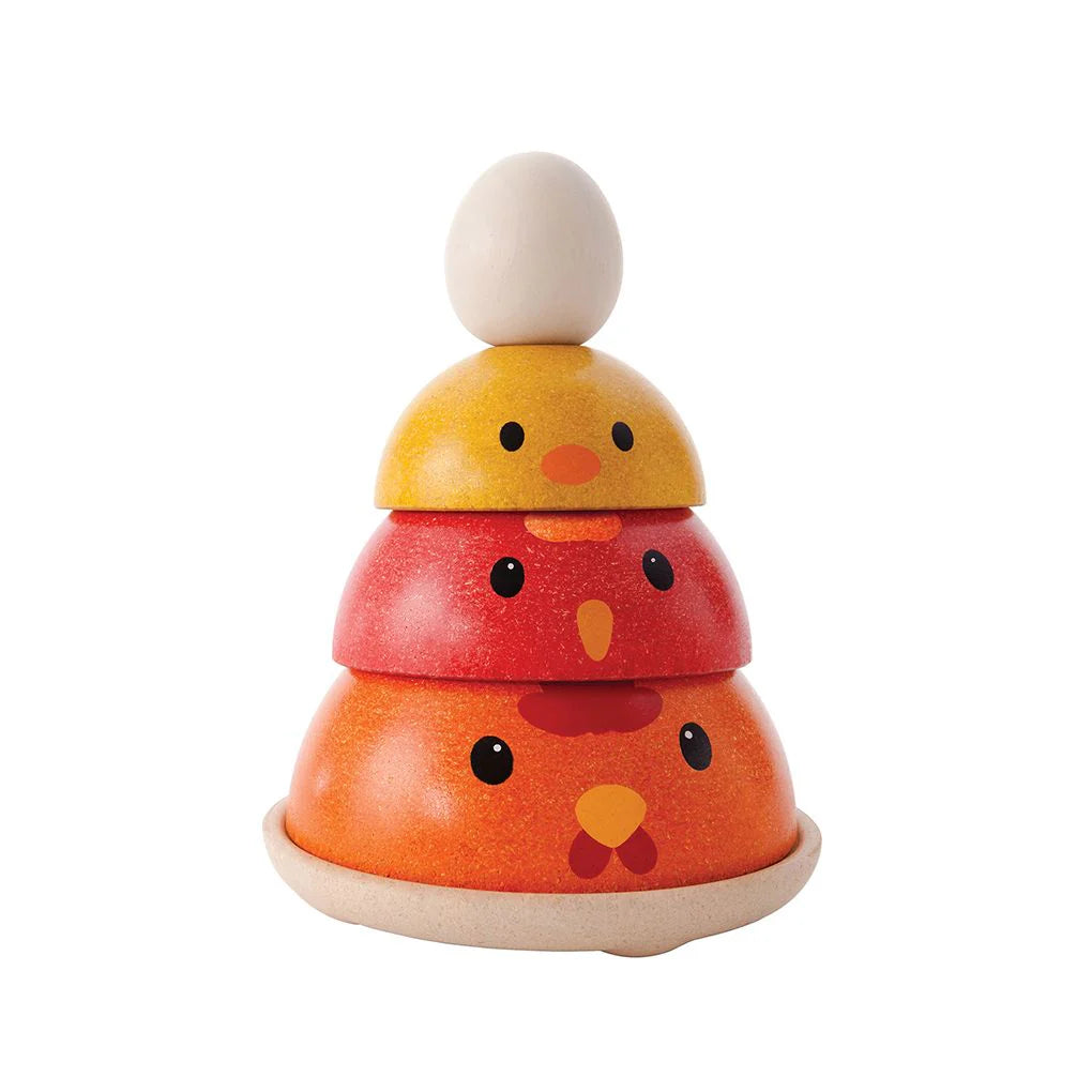 Wooden toy stacker with a chicken design on a white background