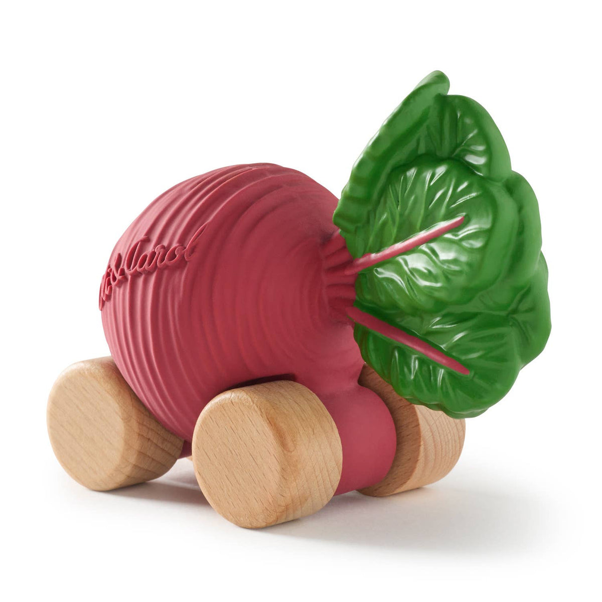 Toy beet with wooden wheels on a white background
