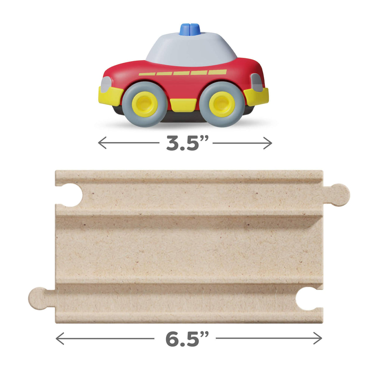 Toy car and wooden track with measurements on a white background