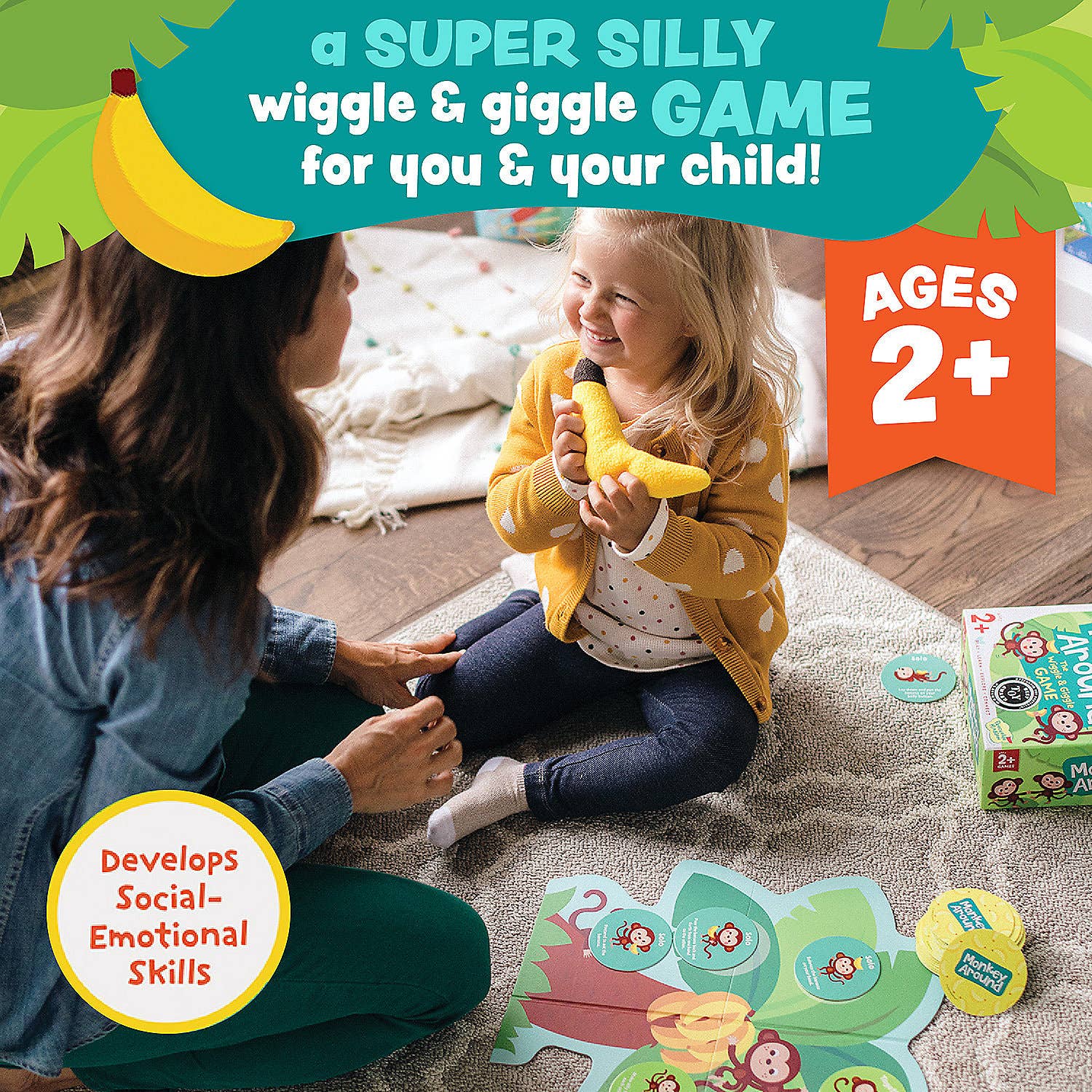 Children's game box titled 'Monkey Around' with cartoon monkeys on a green background.