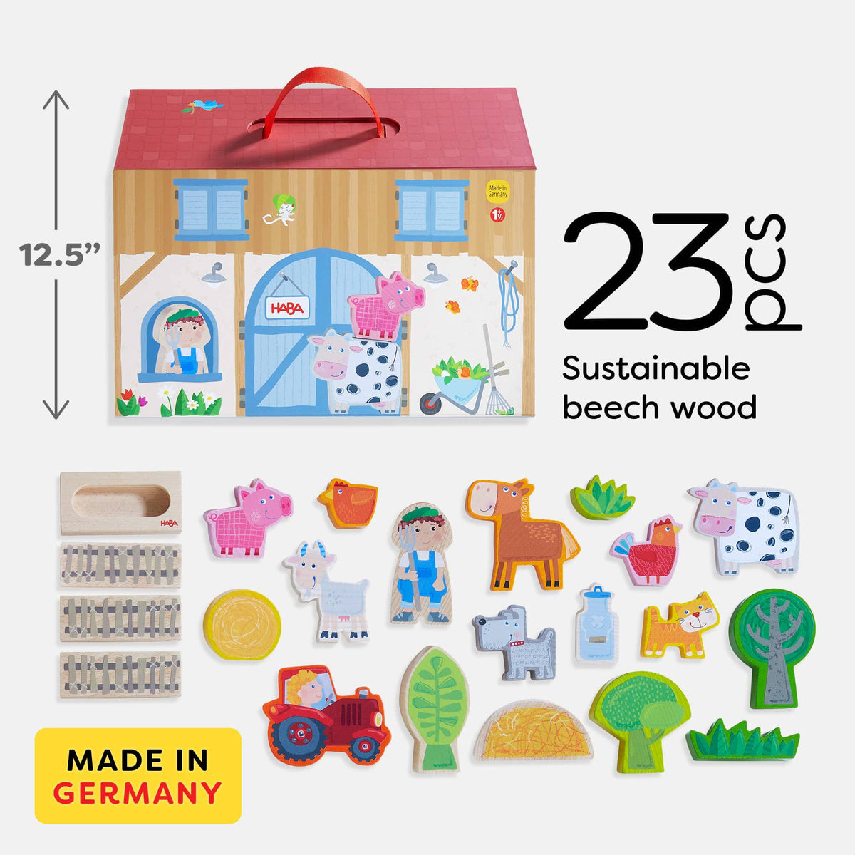 Wooden farm toy set with packaging and dimensions displayed