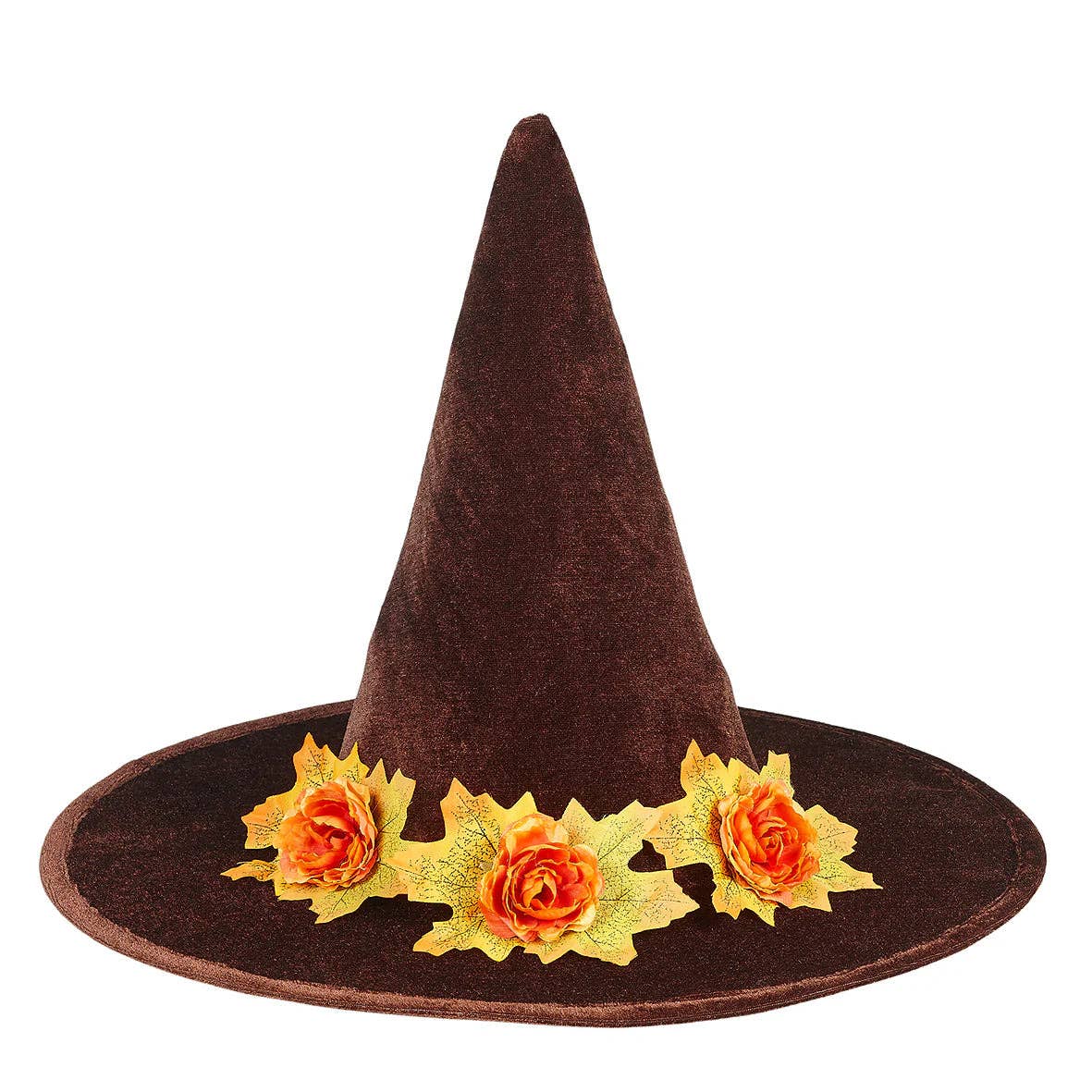 Brown witch hat with orange and yellow flowers on a white background